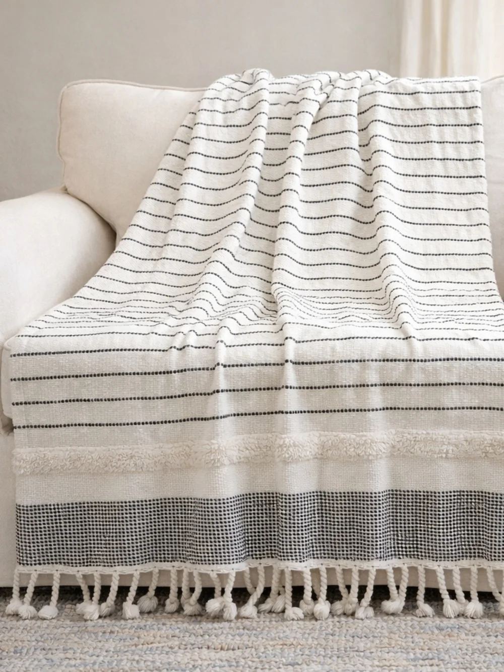 Black White Striped Cotton Throw Blanket Tassel 46x70 Farmhouse Boho Textured
